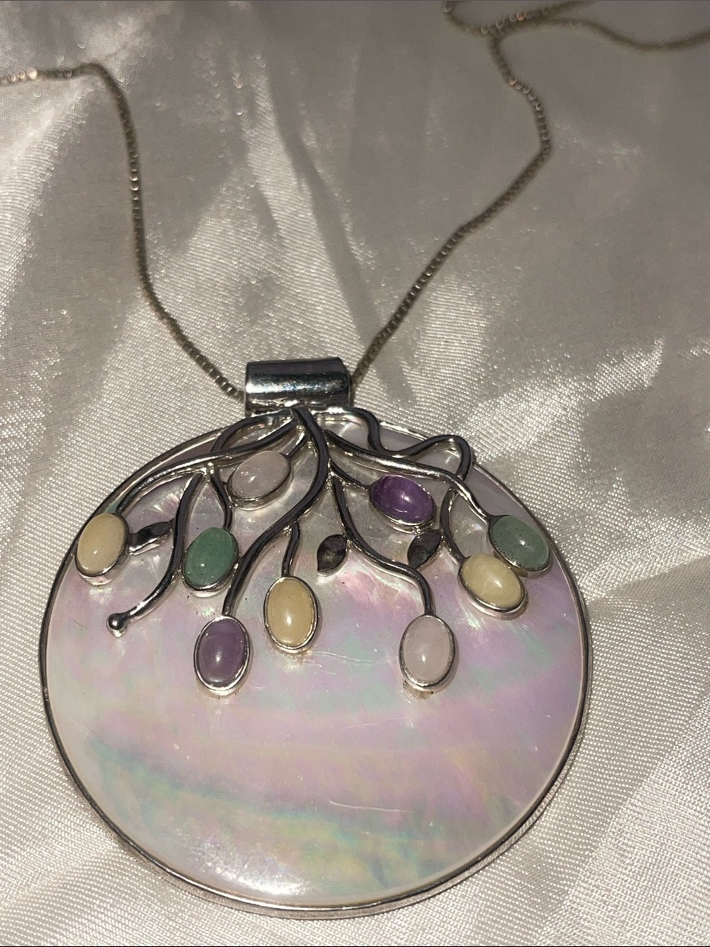 Sterling Silver Branch Pendant Necklace Mother-of-Pearl  Multi-Gem Accents